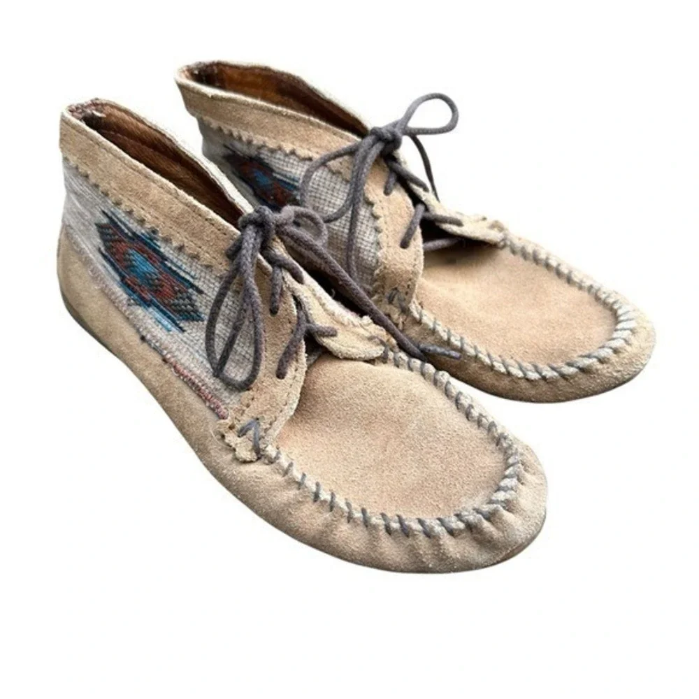 Suede Moccasin Ankle Boots Southwestern Aztec Navajo Tribal Boho Lace Up Shoes